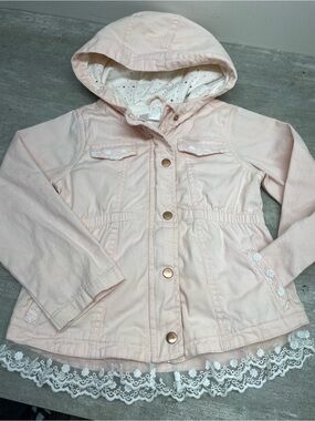 Cat &‎ Jack Utility Jacket Girls 6 Pink Excellent Lace Trim Metallic Lining